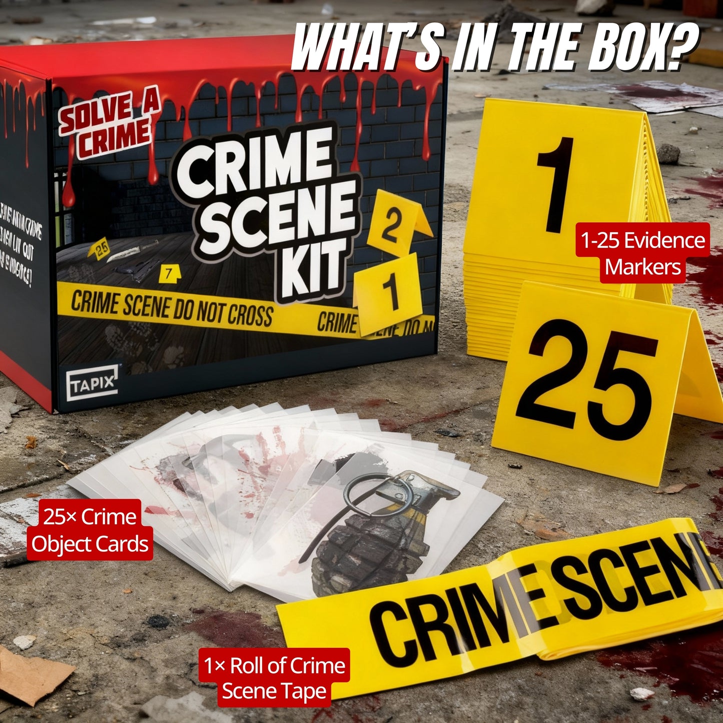 Crime Scene Kit - Includes 25 Evidence Markers Tents, 25 Crime Object Cards, 100ft Crime Scene Tape