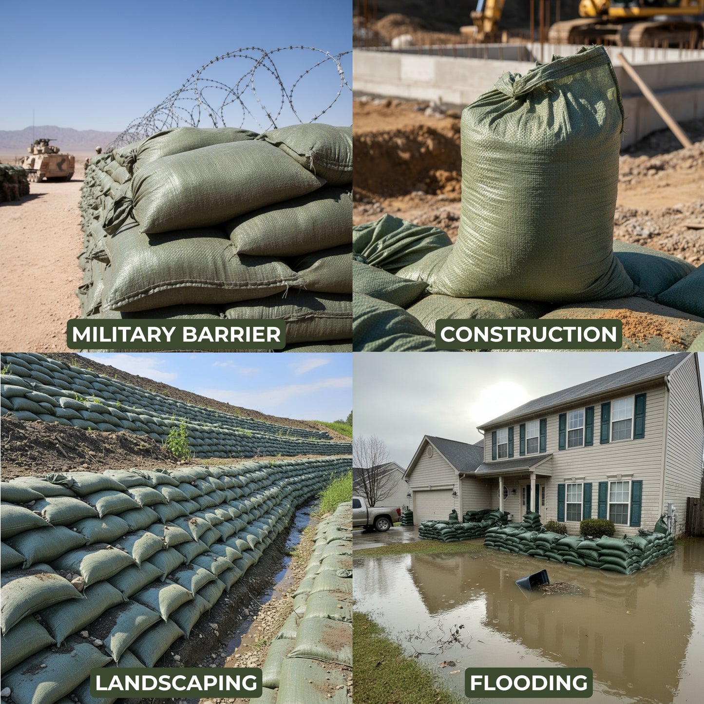 Empty Sandbags Military Green with Ties (Bundle of 100) 14" x 26"