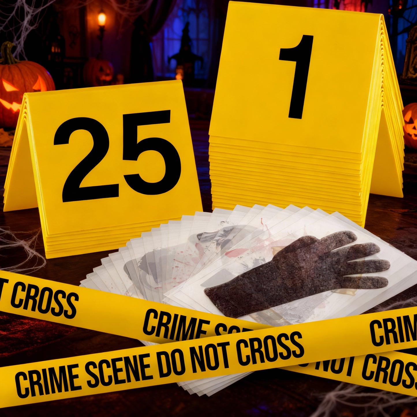 Crime Scene Kit - Includes 25 Evidence Markers Tents, 25 Crime Object Cards, 100ft Crime Scene Tape