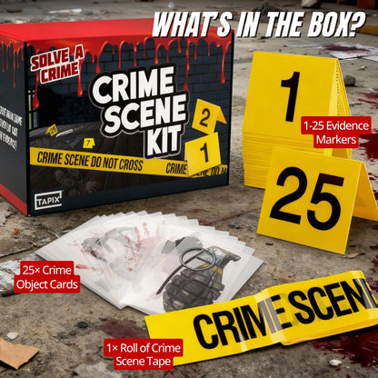 Crime Scene Kit - Includes 25 Evidence Markers Tents, 25 Crime Object Cards, 100ft Crime Scene Tape