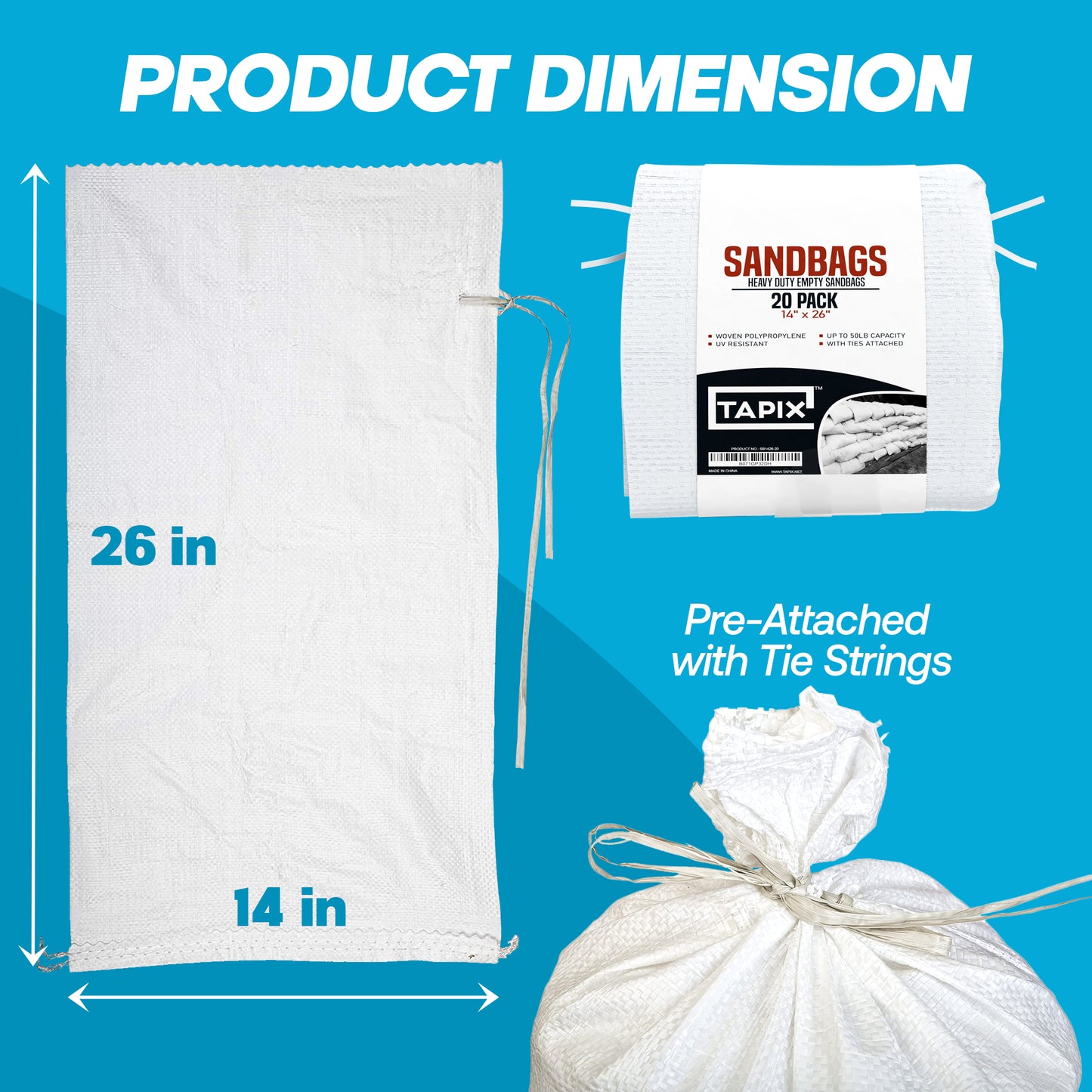 Empty White Sandbags with Ties (Bundle of 20) 14" x 26"