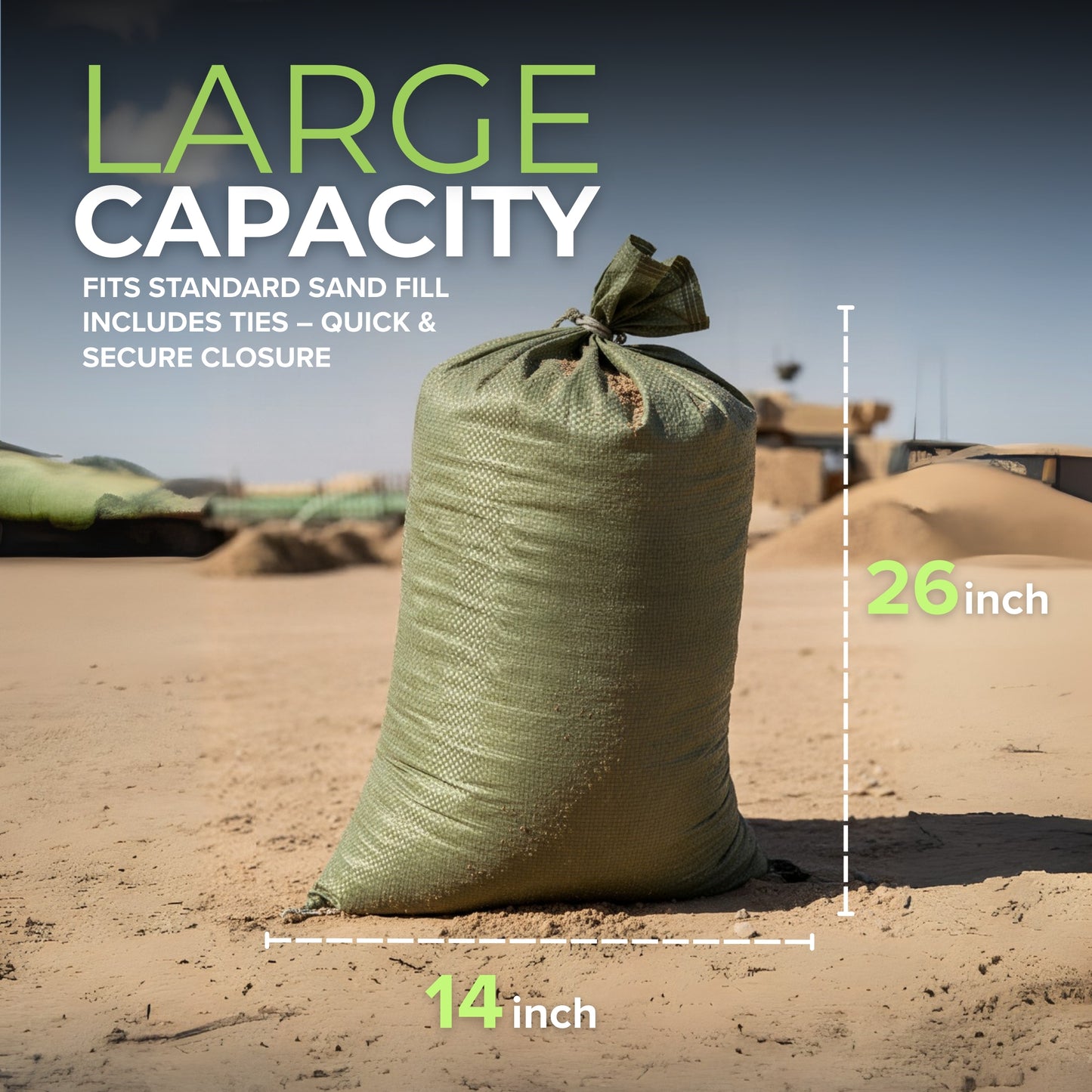 Empty Sandbags Military Green with Ties (Bundle of 100) 14" x 26"