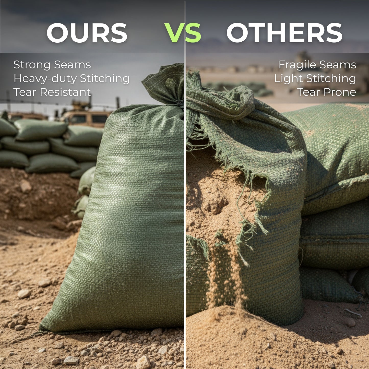 Empty Sandbags Military Green with Ties (Bundle of 100) 14" x 26"