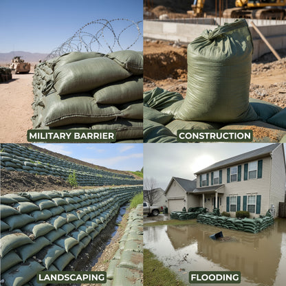 Empty Sandbags Military Green with Ties (Bundle of 100) 14" x 26"