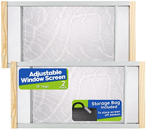Adjustable Window Screen 15 inch High (2 Pack), Adjustable Width 22"-37", Storage Bag Included