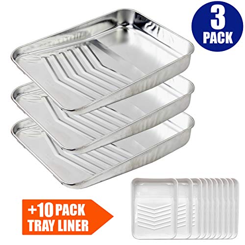 9 inch Metal Paint Roller Tray 3 Pack Metal Paint Tray with 10 Pack Plastic Paint Tray Liner
