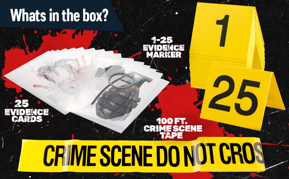 Crime Scene Kit - Includes 25 Evidence Markers Tents, 25 Crime Object Cards, 100ft Crime Scene Tape